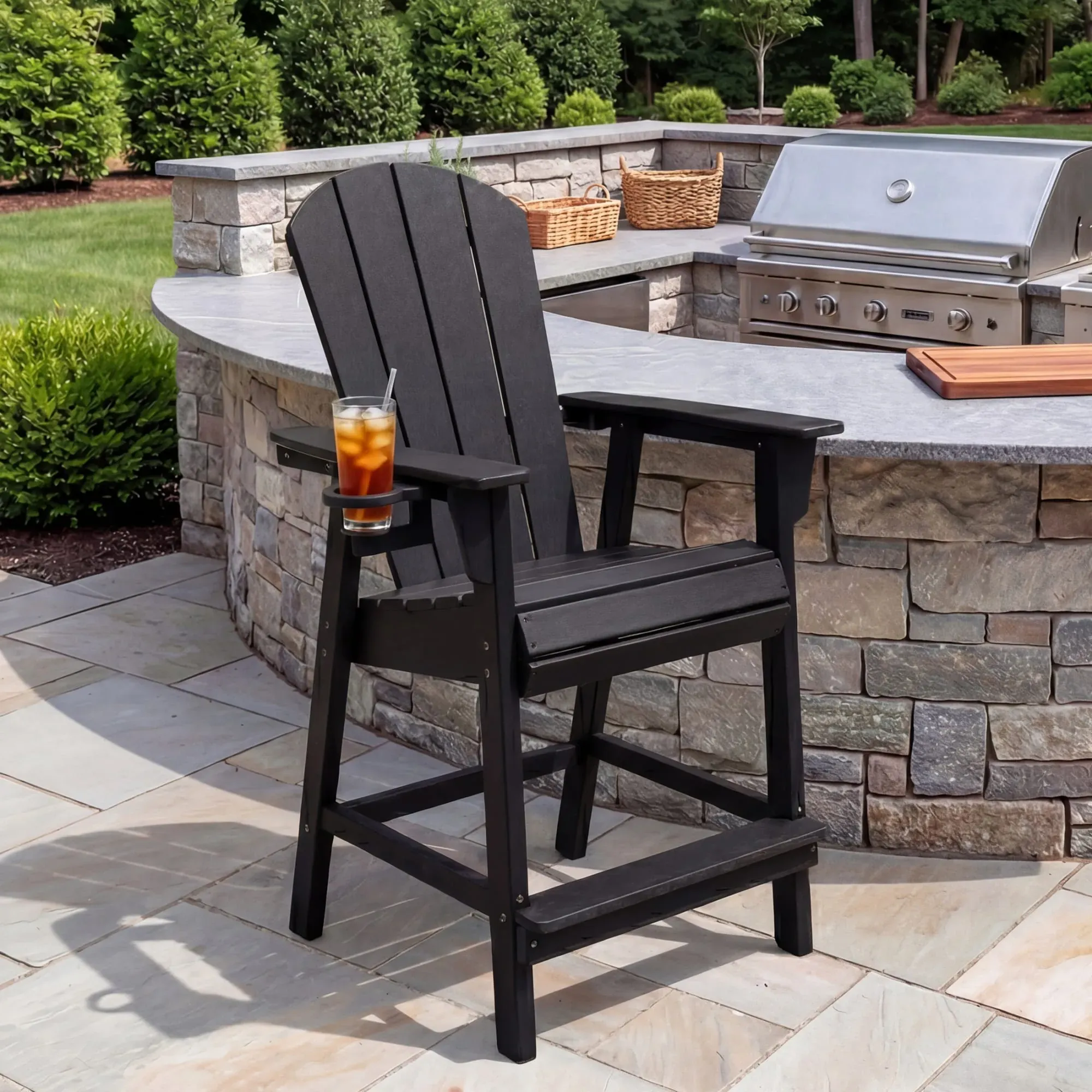 Malibu Outdoor HDPE Tall Adirondack Counter Height Bar Chair With Cup Holder, Black